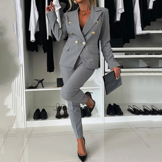 🎁Livraison gratuite🎁Ensemble de Blazer Croisé et Pantalon Ajusté pour Femmes