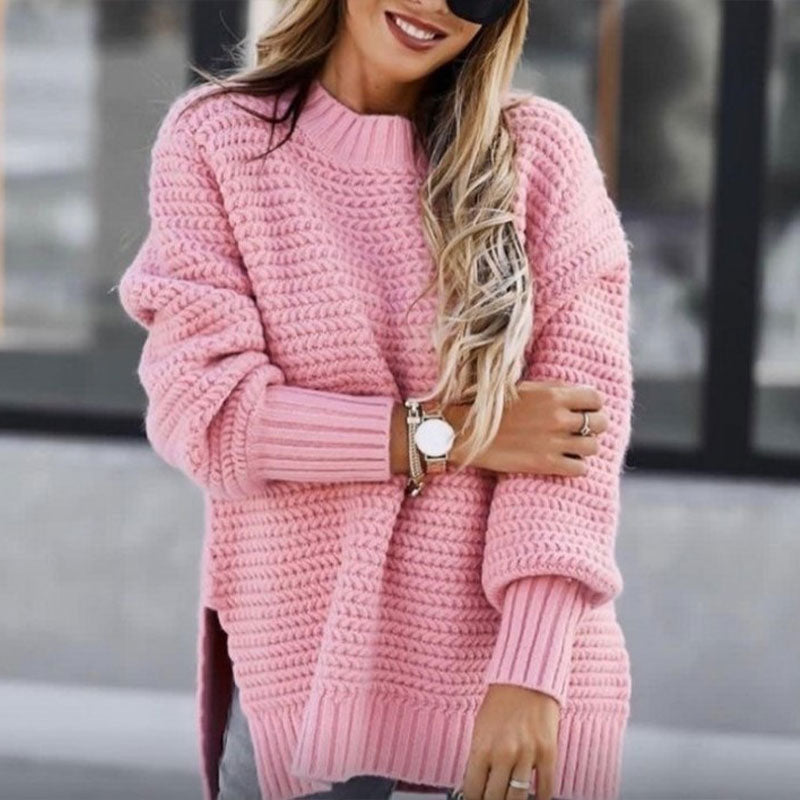Pull en Tricot de Couleur Unie avec Fentes Latérales et Col Rond
