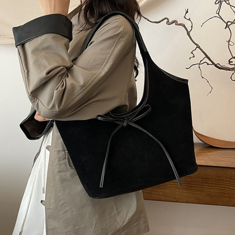 Sac Cabas Rétro en Simili Daim avec Décoration en Nœud pour Femmes