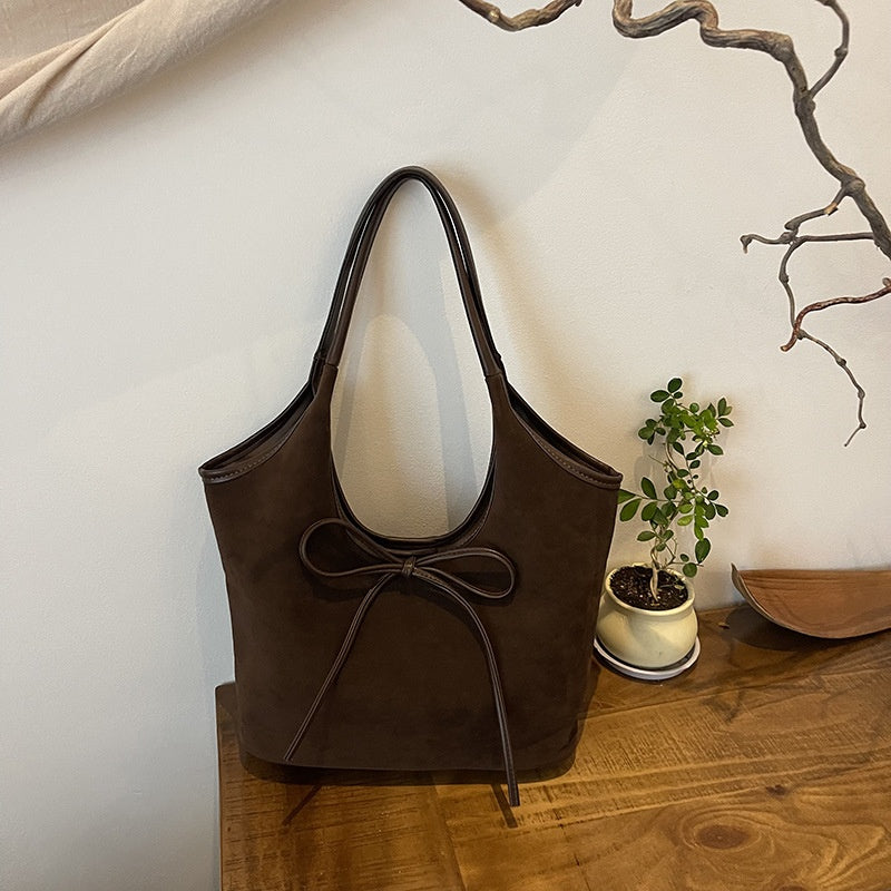 Sac Cabas Rétro en Simili Daim avec Décoration en Nœud pour Femmes