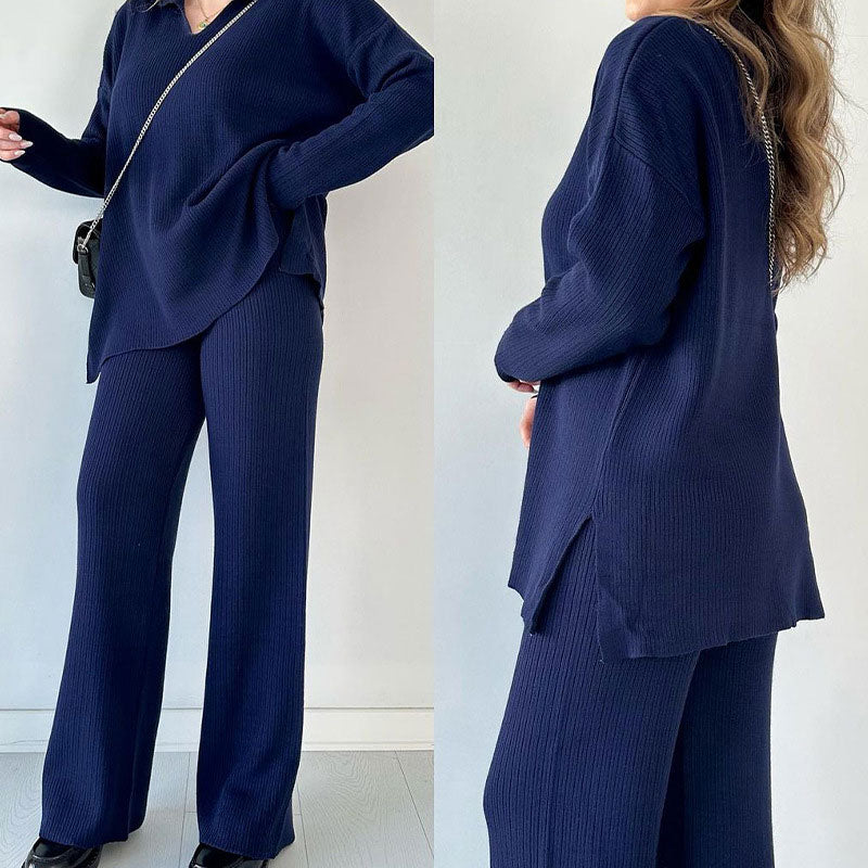 🔥LIVRAISON GRATUITE🔥Costume en tricot extensible confortable à col en V pour femme (haut + pantalon)