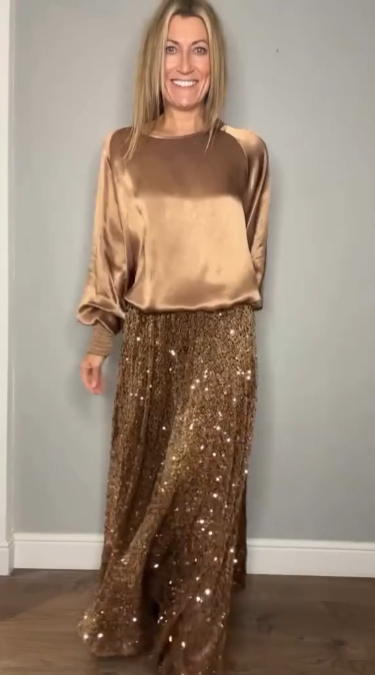 ✨Nouveauté✨Ensemble deux pièces haut à manches longues et jupe longue à paillettes pour femme