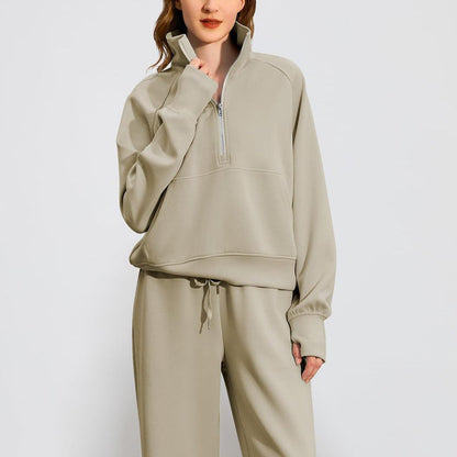 Ensemble Pull-over Zippé à Col Montant et Pantalon à Jambes Larges pour Femme