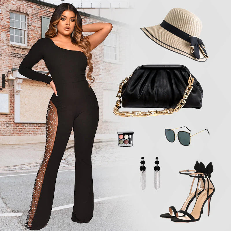 Combinaison féminine sexy et à la mode avec des épaules obliques et une fente haute