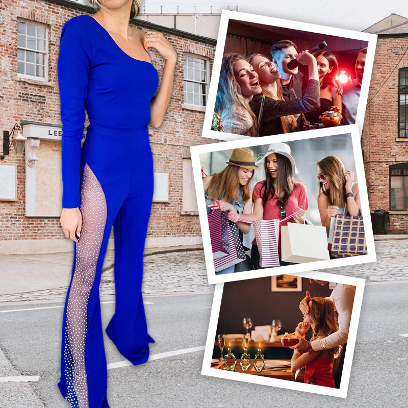 Combinaison féminine sexy et à la mode avec des épaules obliques et une fente haute