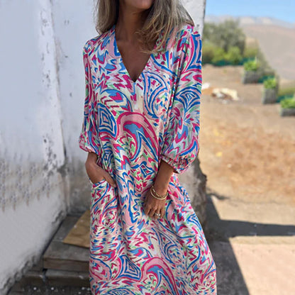 ⏰Promotion de dernier jour 50% DE RÉDUCTION🌸 Robe longue bohème à col en V imprimée abstraite pour femme
