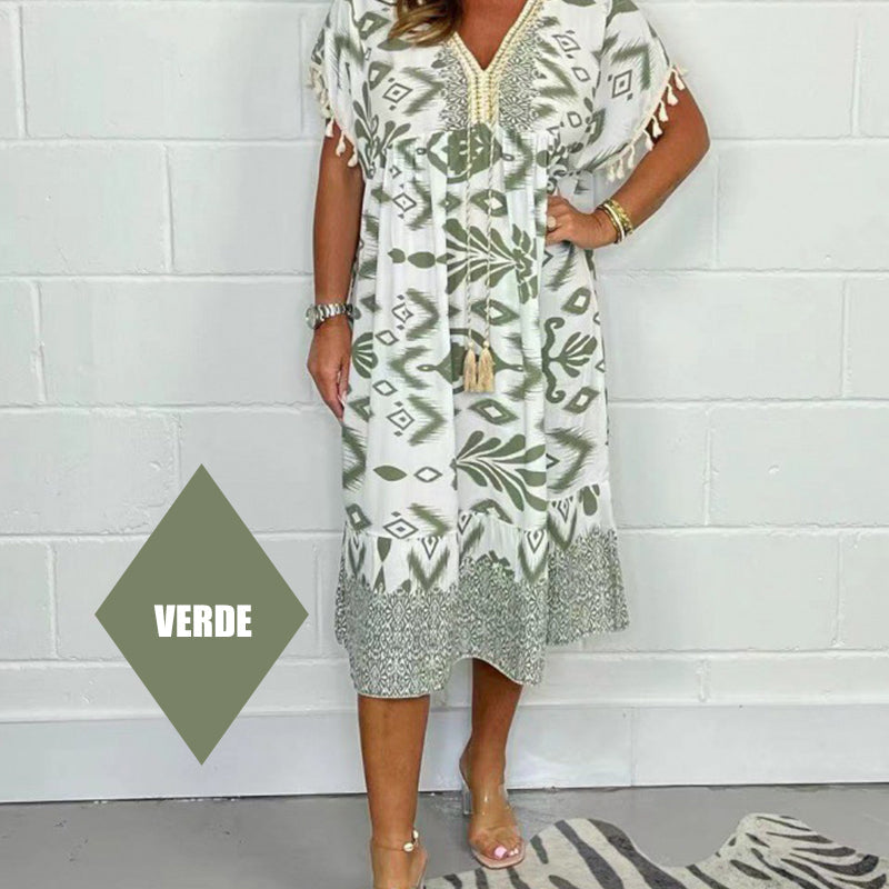 ✨Robe décontractée imprimée avec col en V et manches courtes à franges