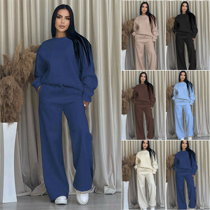 🔥Rabais saisonniers🔥 Haut à manches longues et pantalon ample à col rond de couleur unie (ensemble 2 pièces)