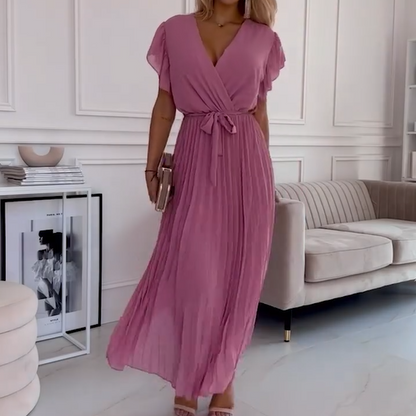 Robe plissée unie et fluide avec col en V pour femme