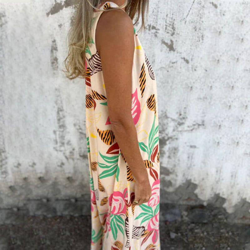 🌸 Offres spéciales printemps 💐  Robe sans manches en V à motif de feuilles pour femmes