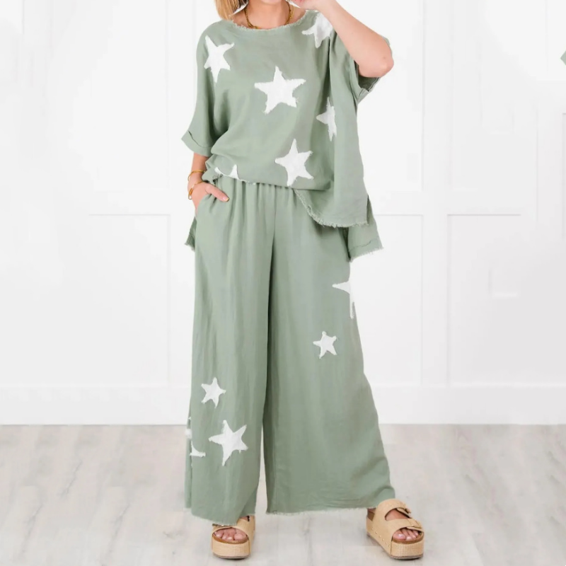Pyjama deux pièces décontracté à manches courtes pour femmes avec patch étoiles