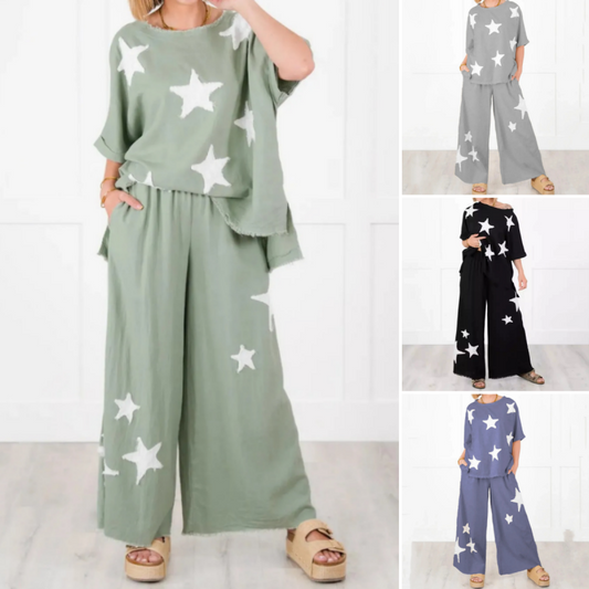 Pyjama deux pièces décontracté à manches courtes pour femmes avec patch étoiles
