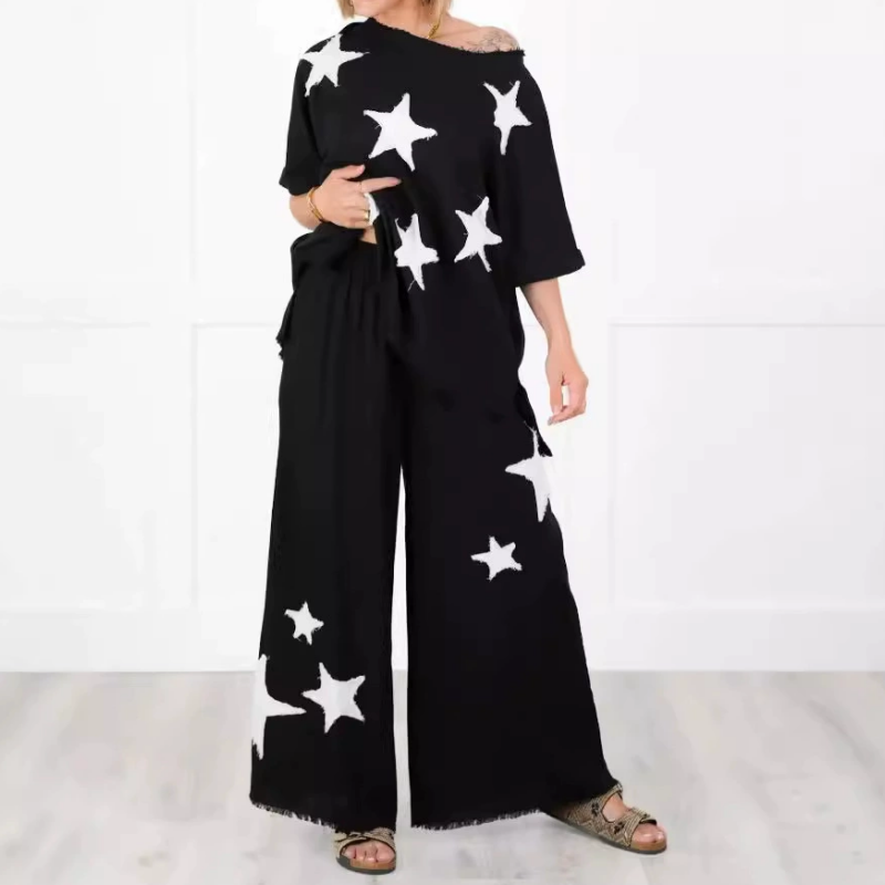 Pyjama deux pièces décontracté à manches courtes pour femmes avec patch étoiles