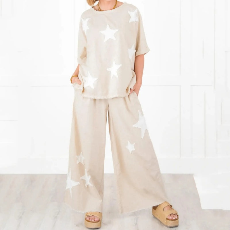 Pyjama deux pièces décontracté à manches courtes pour femmes avec patch étoiles