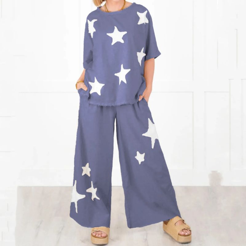 Pyjama deux pièces décontracté à manches courtes pour femmes avec patch étoiles