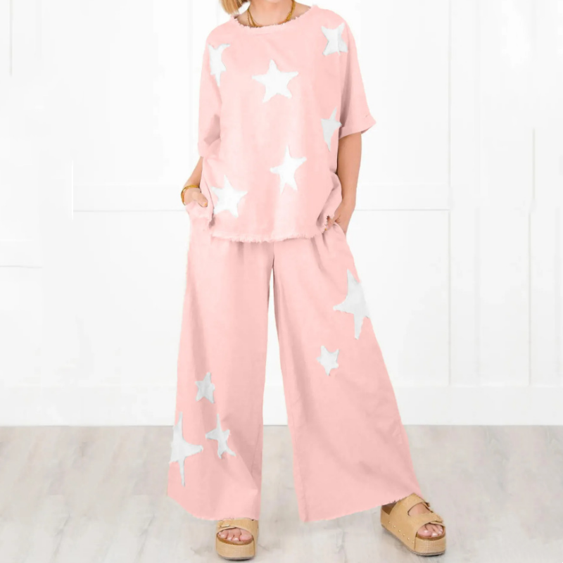 Pyjama deux pièces décontracté à manches courtes pour femmes avec patch étoiles