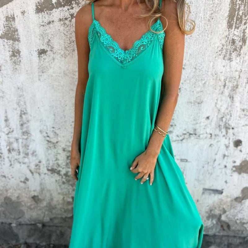 Elégante robe maxi décolleté V à bretelles spaghetti et dentelle pour femme