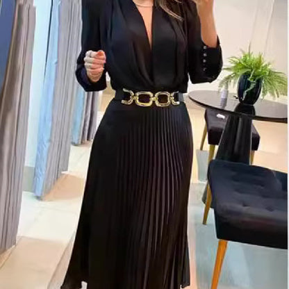 Nouvelle robe longue européenne et américaine plissée unie pour femme grande taille