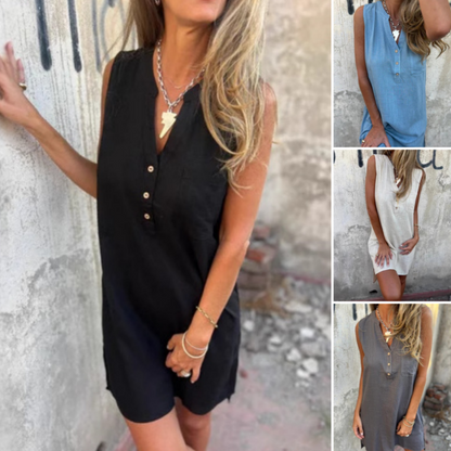 Robe sans manches à col en V et à poches boutonnées pour femmes
