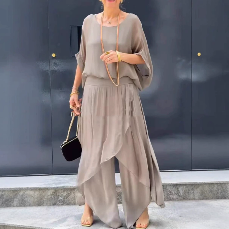 Ensemble 2 pièces en mousseline avec haut ample et pantalon large fendu