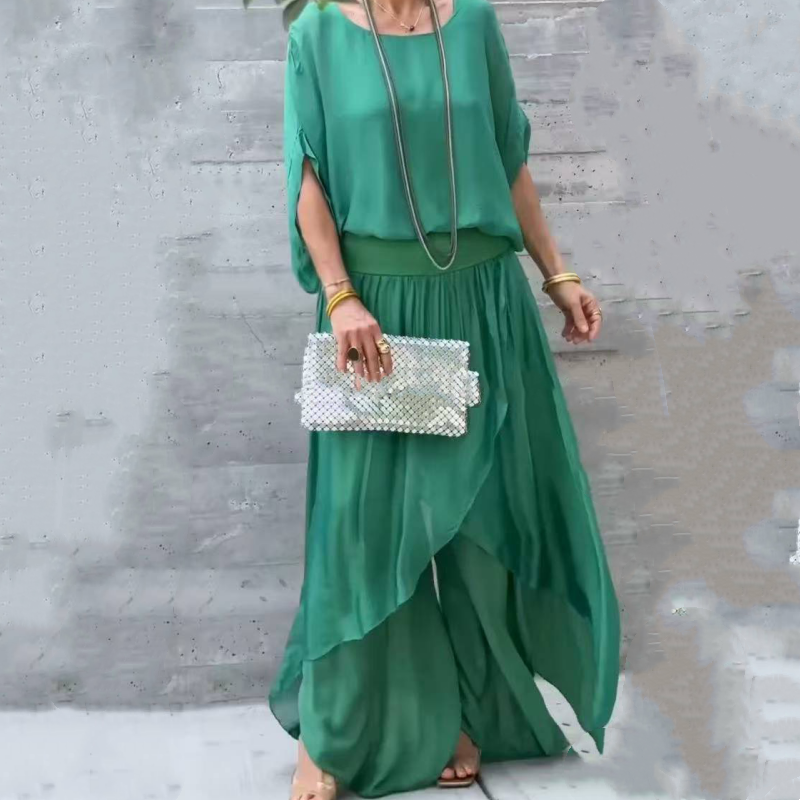Ensemble 2 pièces en mousseline avec haut ample et pantalon large fendu