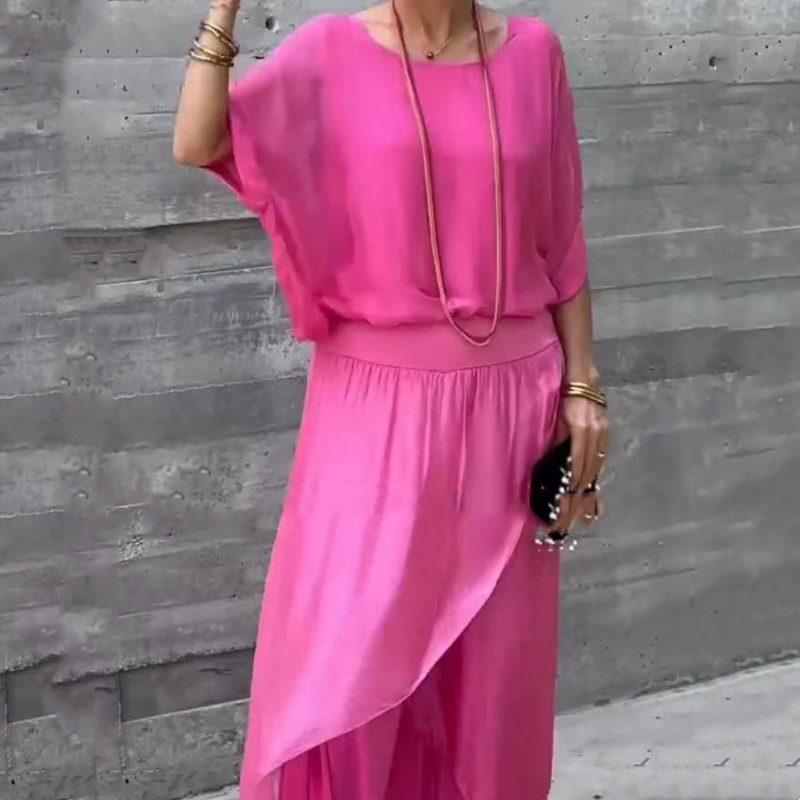 Ensemble 2 pièces en mousseline avec haut ample et pantalon large fendu