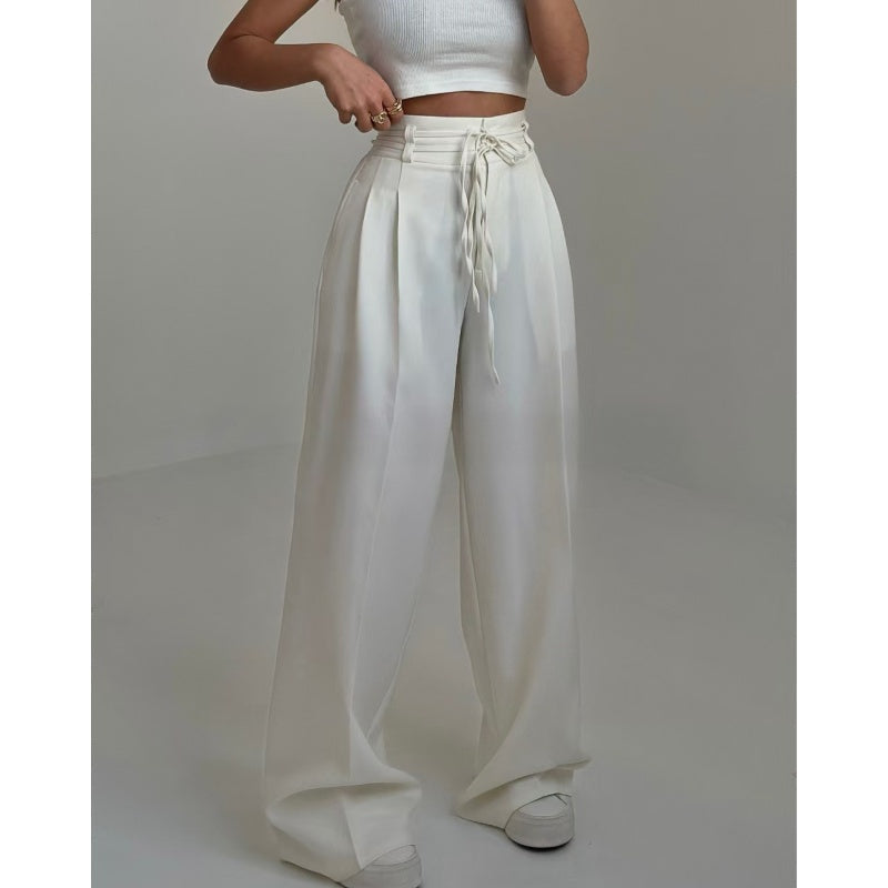 Pantalon uni pour femme, taille haute et coupe droite