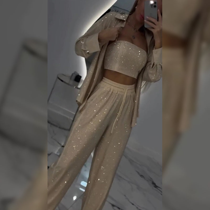 🌟👠Indispensable pour les fêtards brillants✨ Blazer éblouissant et pantalon large, élégant et grandiose, parfait pour les fêtes !