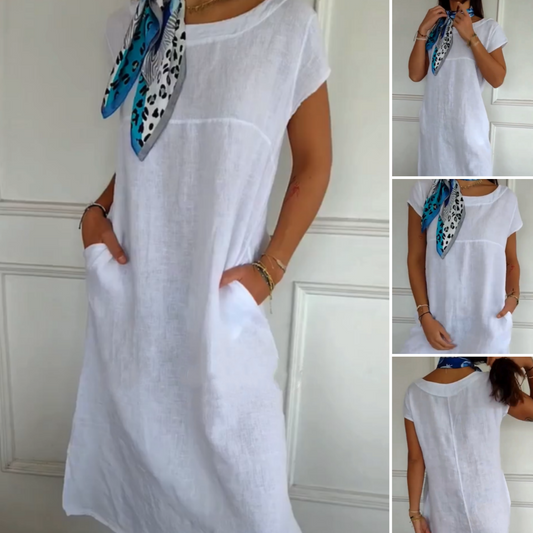 Robe femme à manches courtes et col rond en lin et coton