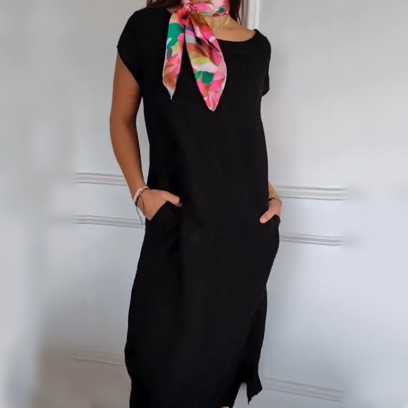 Robe femme à manches courtes et col rond en lin et coton