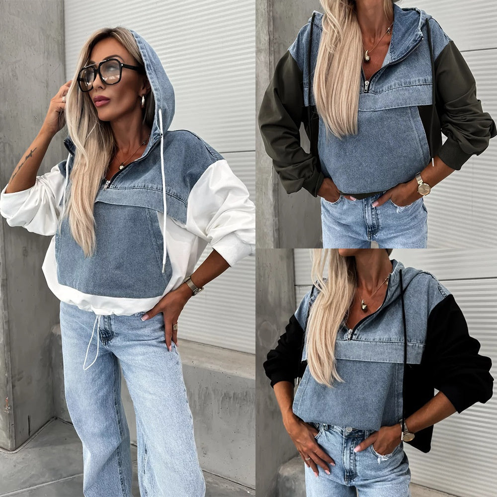 🔥Soldes D'automne 50%OFF🔥Denimjakke med hettegenser og løpesnor for dame