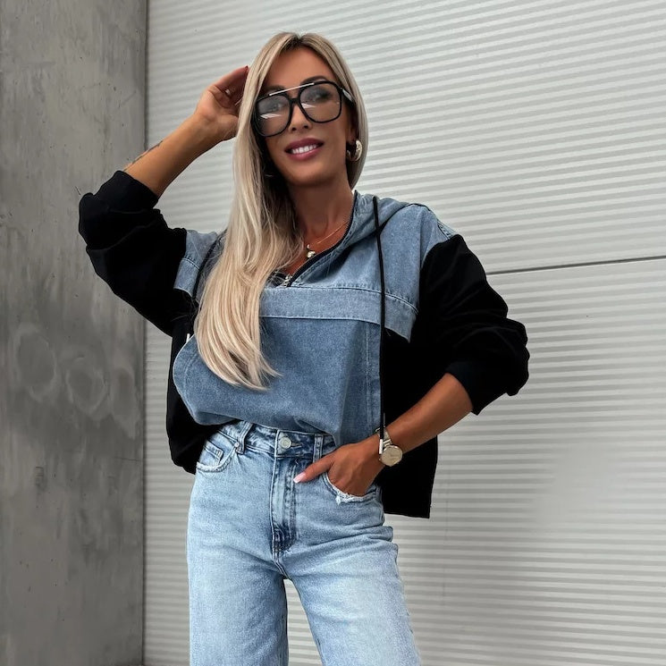 🔥Soldes D'automne 50%OFF🔥Denimjakke med hettegenser og løpesnor for dame