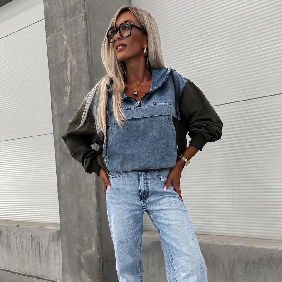 🔥Soldes D'automne 50%OFF🔥Denimjakke med hettegenser og løpesnor for dame