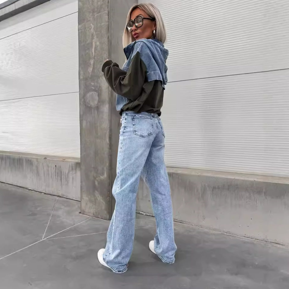 🔥Soldes D'automne 50%OFF🔥Denimjakke med hettegenser og løpesnor for dame