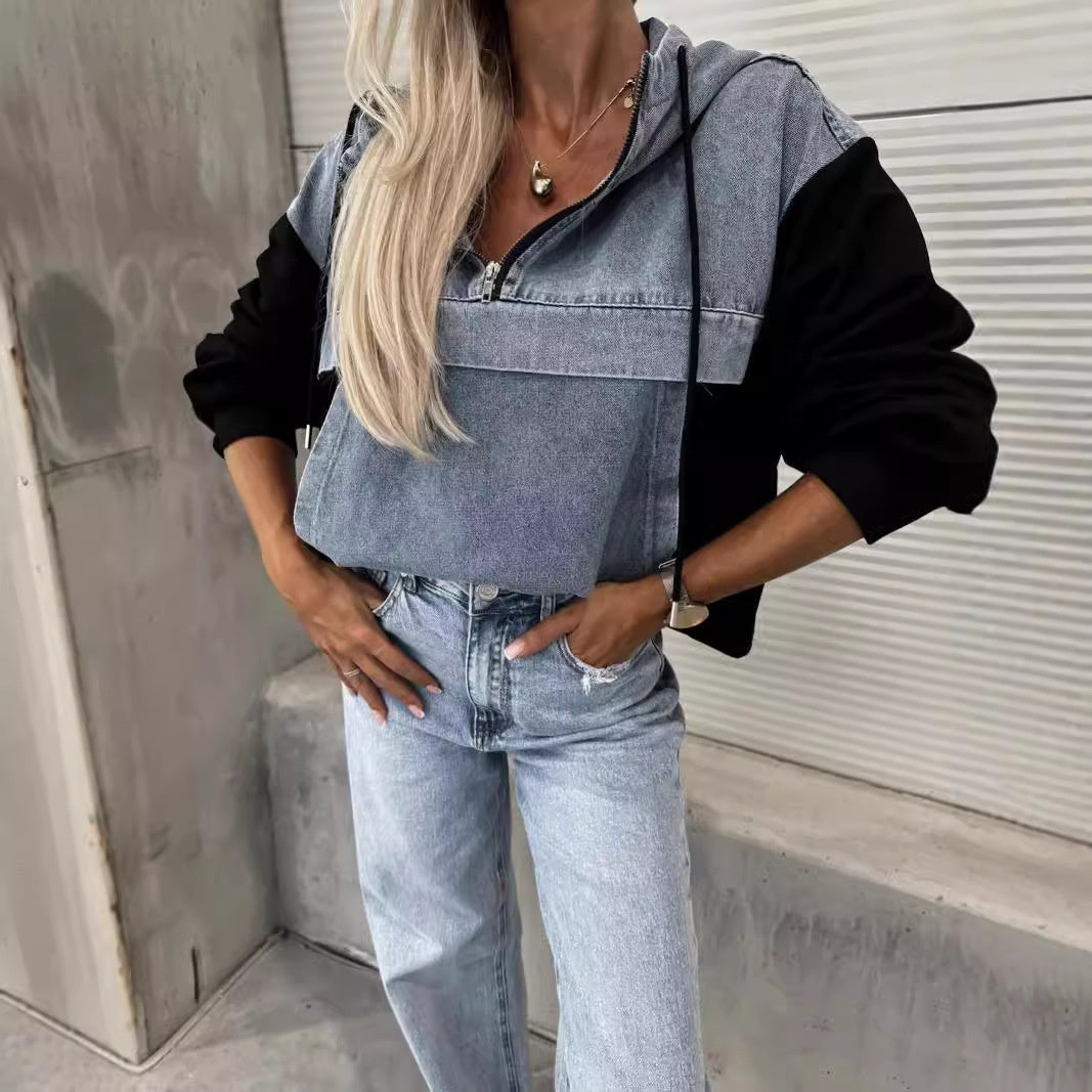 🔥Soldes D'automne 50%OFF🔥Denimjakke med hettegenser og løpesnor for dame