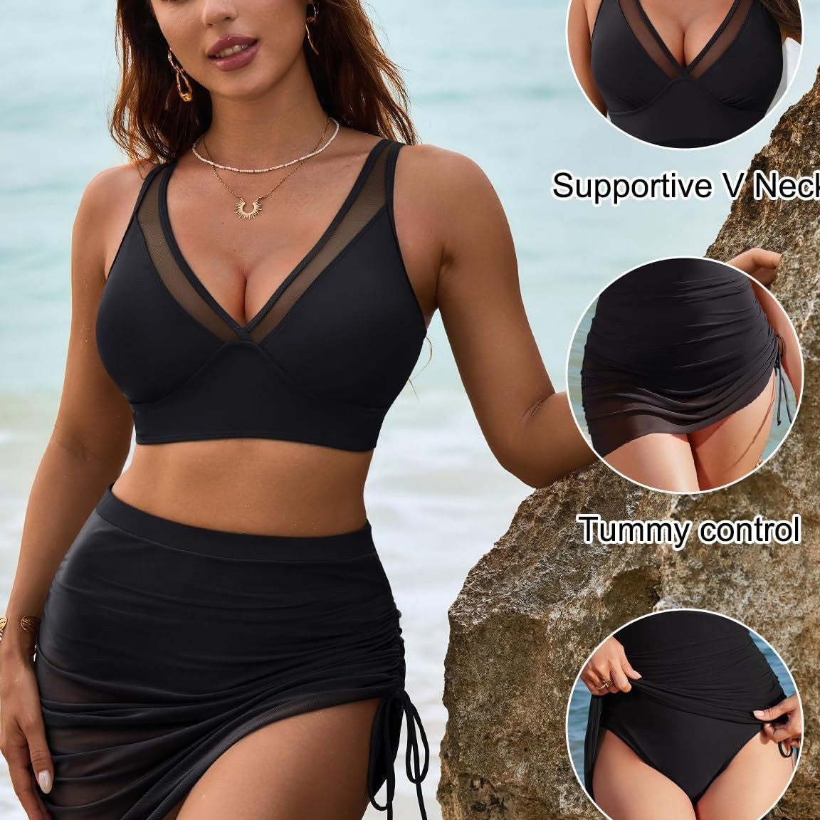 👙 50% DE RÉDUCTION ! 🌸 Ensemble Bikini Taille Haute avec Jupe de Bain – Tissu Séchage Rapide, Maintien Confortable & Style Élégant ☀️