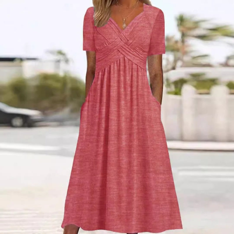 🌷50% de réduction au printemps🌷Femmes Col V Manches Courtes Robes Longues