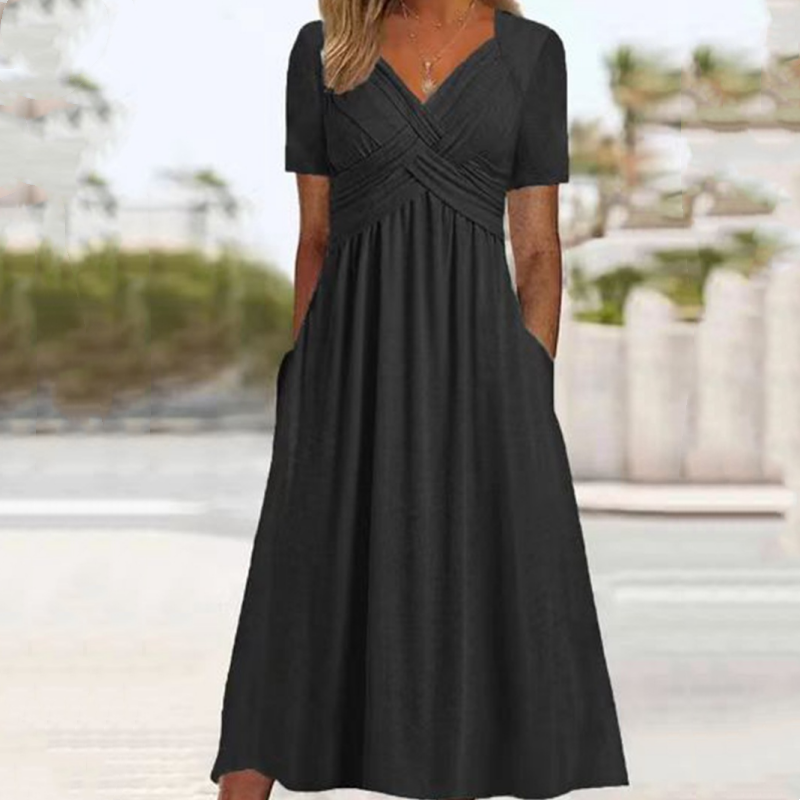 🌷50% de réduction au printemps🌷Femmes Col V Manches Courtes Robes Longues