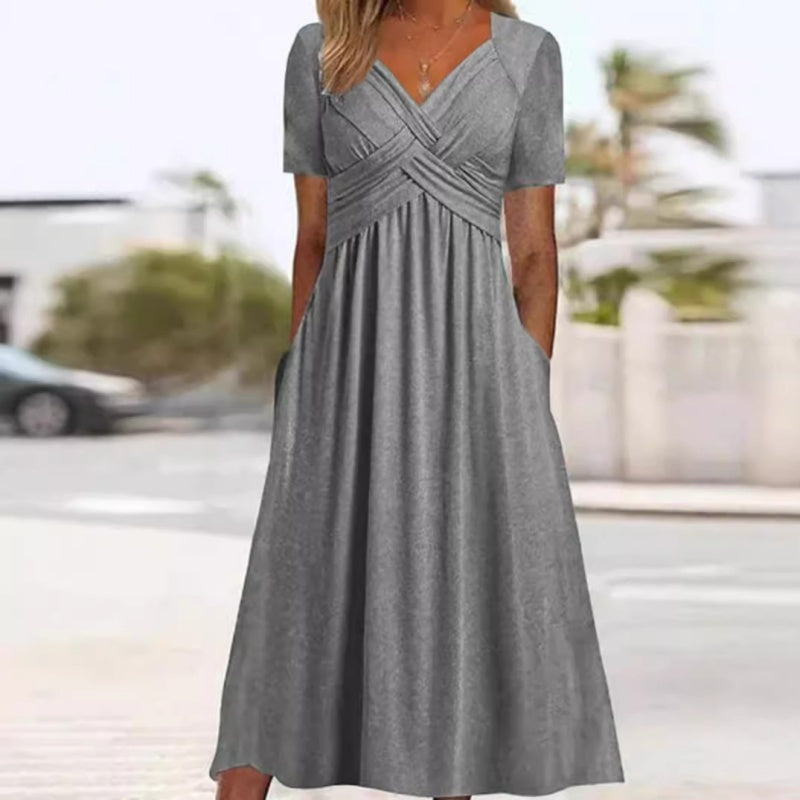 🌷50% de réduction au printemps🌷Femmes Col V Manches Courtes Robes Longues