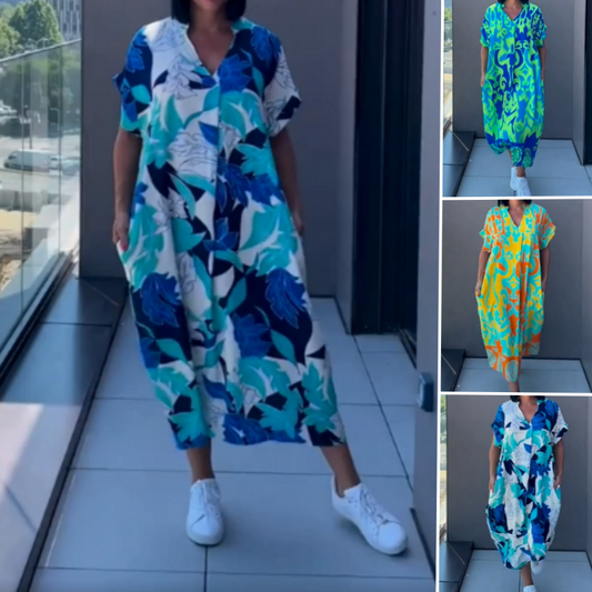 💐50% DE RÉDUCTION ! Robe Élégante Col V – Tissu Respirant, Tendance Décontractée ☕🕊️【Offre Flash】