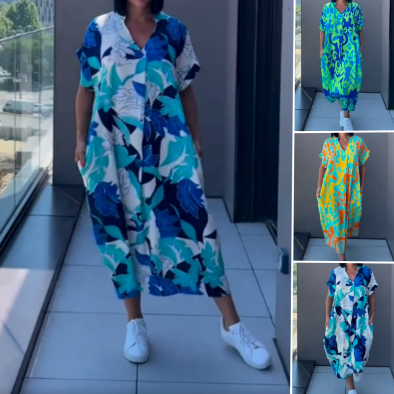 👗 50% DE RÉDUCTION ! 🌸 Robe décontractée élégante à imprimé et encolure V pour femmes – Tissu fluide, coupe flatteuse et parfaite pour le printemps ☀️