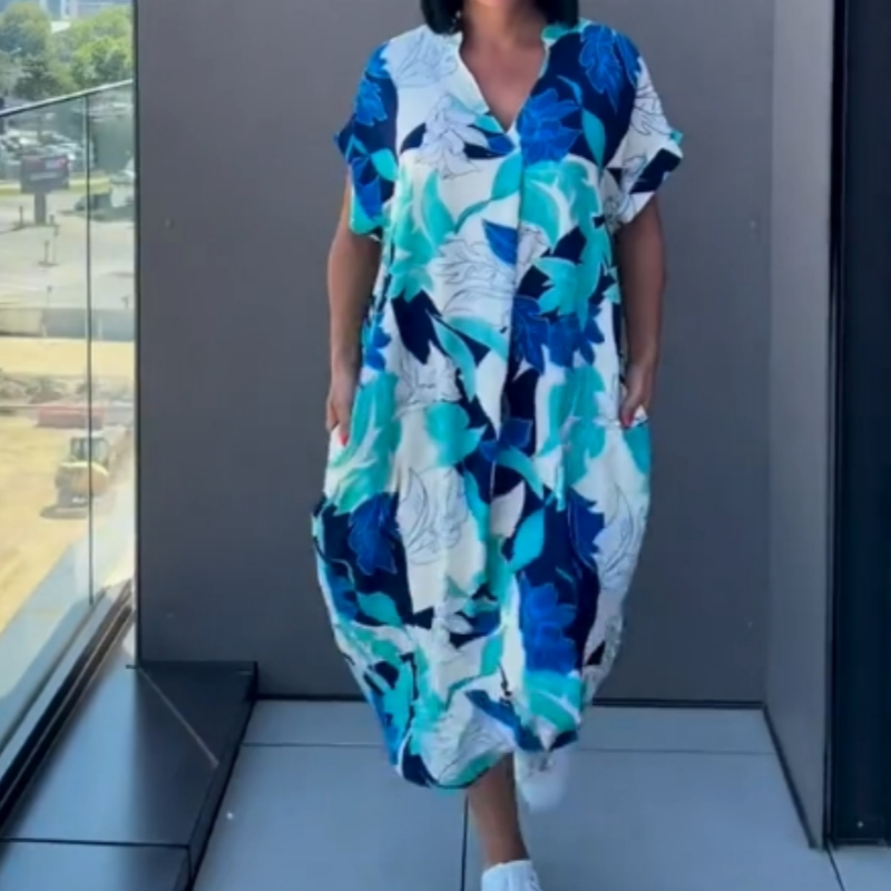 👗 50% DE RÉDUCTION ! 🌸 Robe décontractée élégante à imprimé et encolure V pour femmes – Tissu fluide, coupe flatteuse et parfaite pour le printemps ☀️