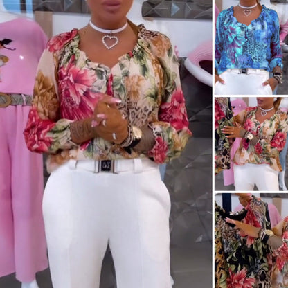 Blouse vintage en mousseline de soie pour femme avec patchwork de fleurs et de léopard