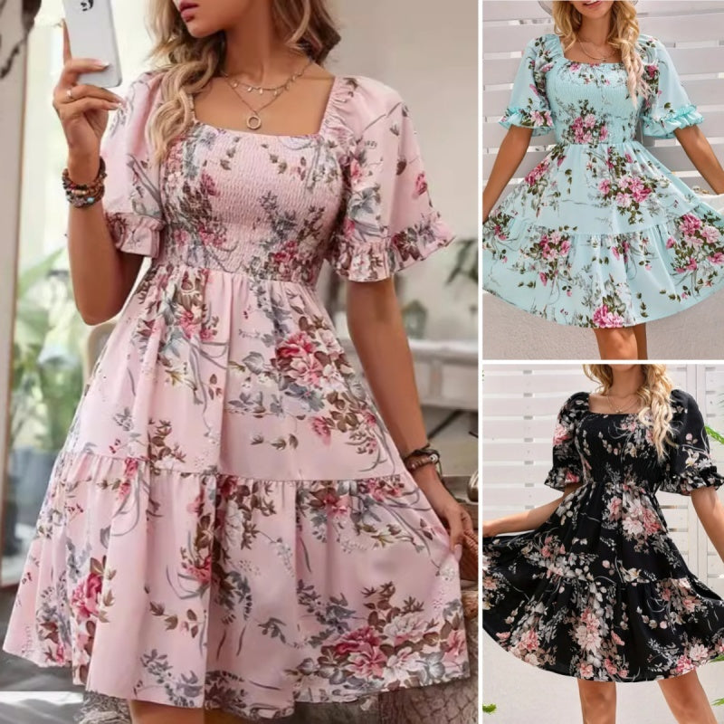 Robe smockée à imprimé floral et encolure carrée pour femme
