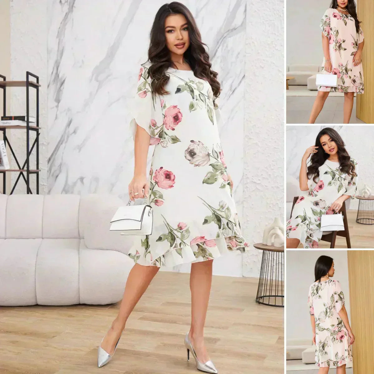 ⏳ Temps limité 50% de réduction ! 🌸👗Robe en mousseline de soie rouge avec pétales