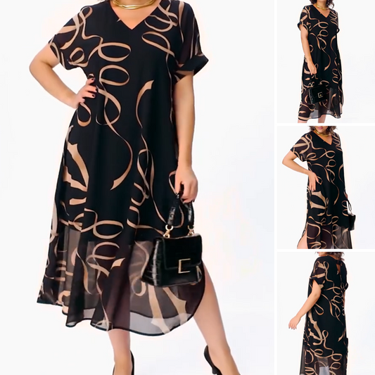 🌟✨ PROMO -50% ! Robe Midi Fluide Décolleté V Profond – Double Couche Premium, Tissu Respirant Anti-Plis, Fente Latérale, Nœud Réglable · Noir · S à 5XL · Brunch Vacances Soirée 🎁