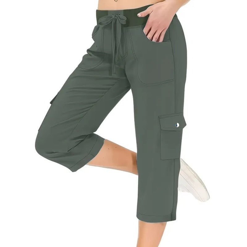 ✨Vente chaude 50% de rabais💖Pantalon cargo 3/4 taille haute uni pour femme avec cordon de serrage