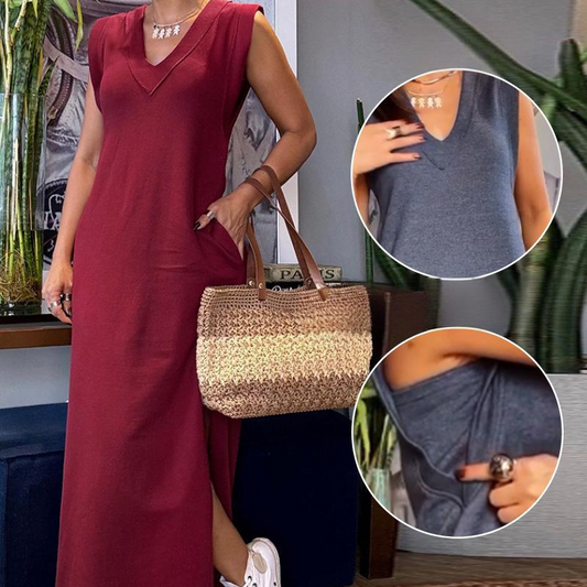 Robe maxi sans manches pour femmes avec décolleté en V et fente