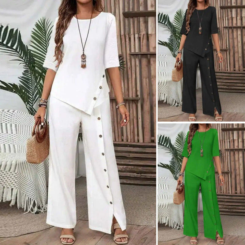 💃✨👕 PROMO -50% ! Ensemble Deux Pièces pour Femme – Top Ourlet Asymétrique & Pantalon Large, Look Moderne & Confortable (Blanc/Noir/Vert, S-4XL)