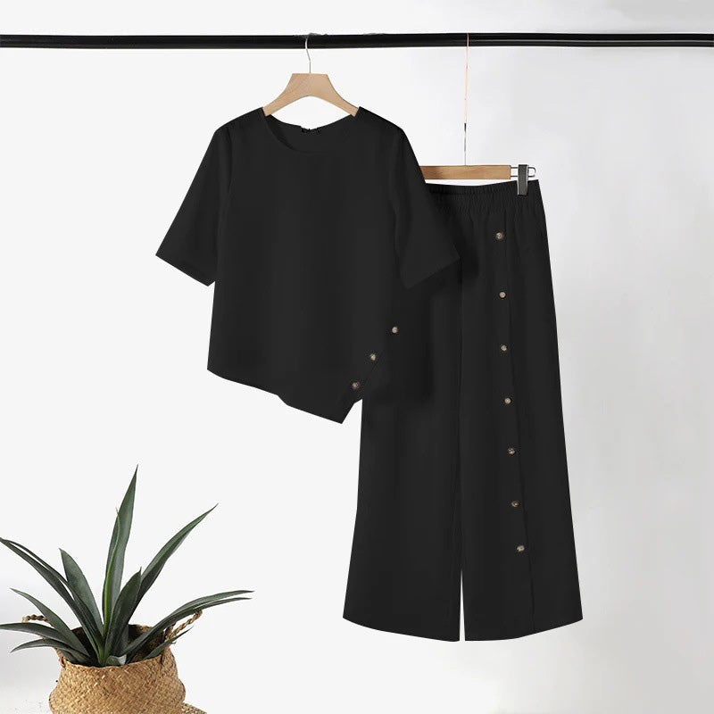 💃✨👕 PROMO -50% ! Ensemble Deux Pièces pour Femme – Top Ourlet Asymétrique & Pantalon Large, Look Moderne & Confortable (Blanc/Noir/Vert, S-4XL)